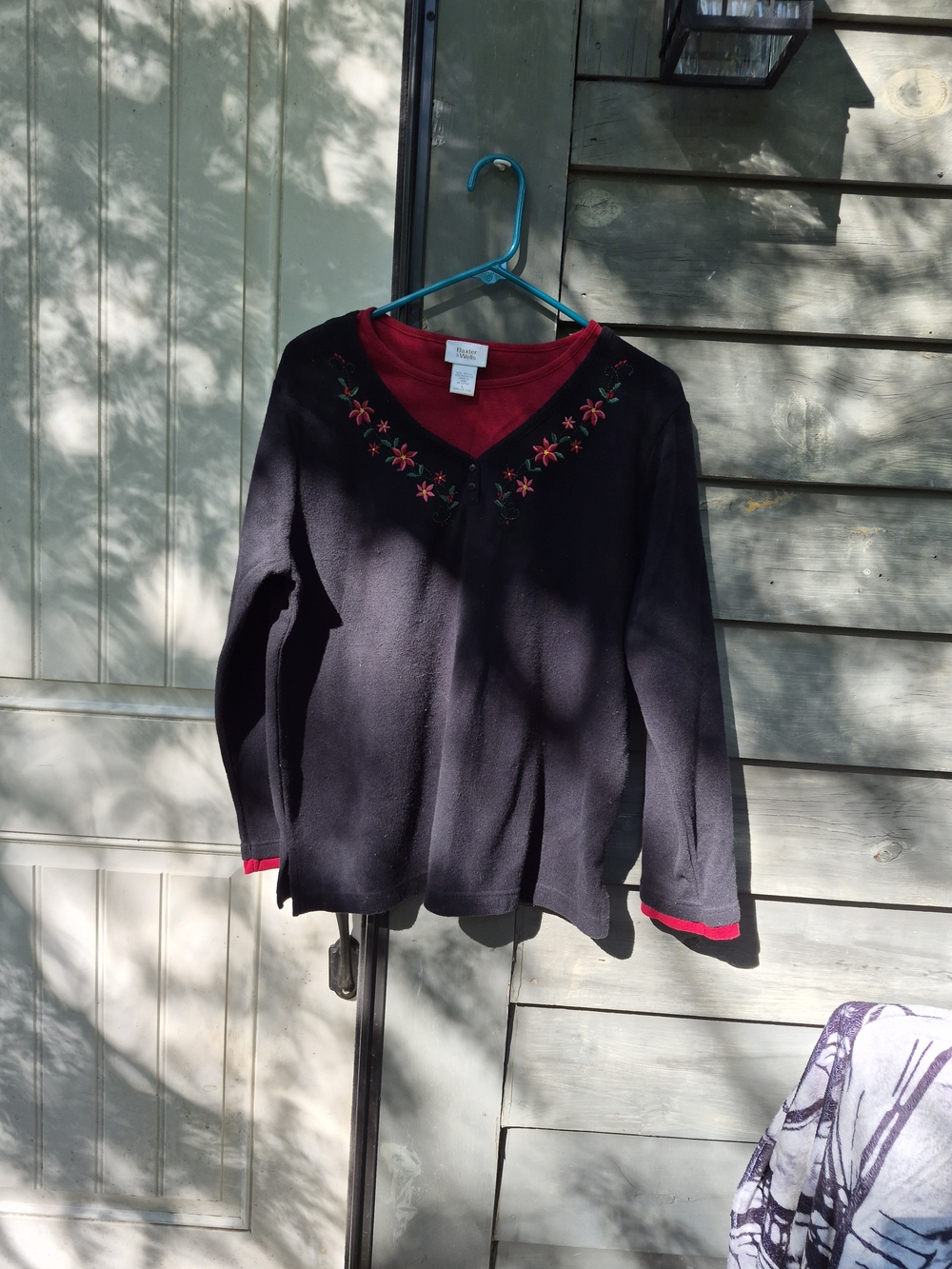 Coldwater Creek Black V-Neck Sweater with Red Trim and Embroidered Flowers